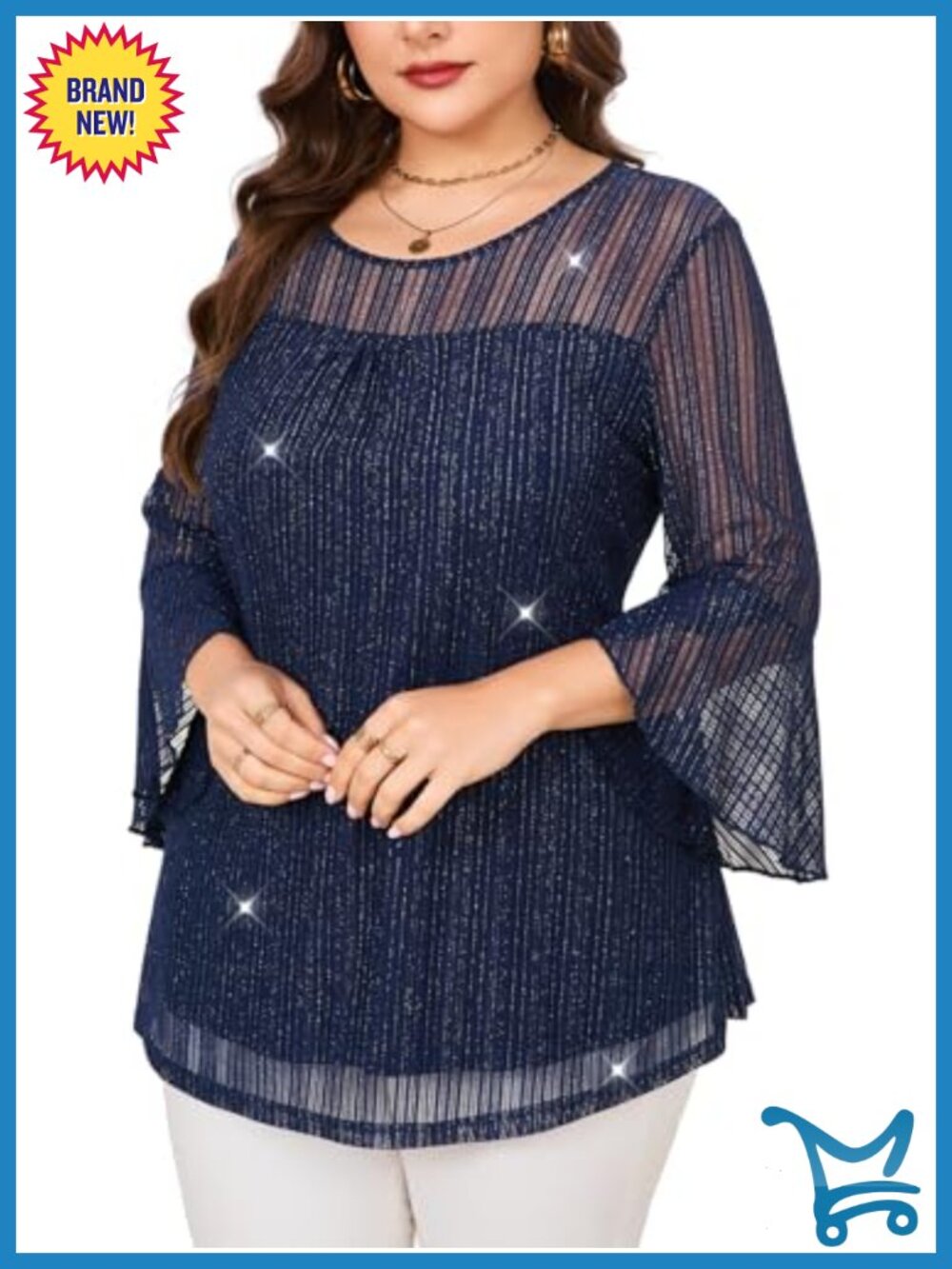 Plus Size Ruffle 3/4 Sleeve Sparkly Mesh Tunic Blouse Dressy Tops